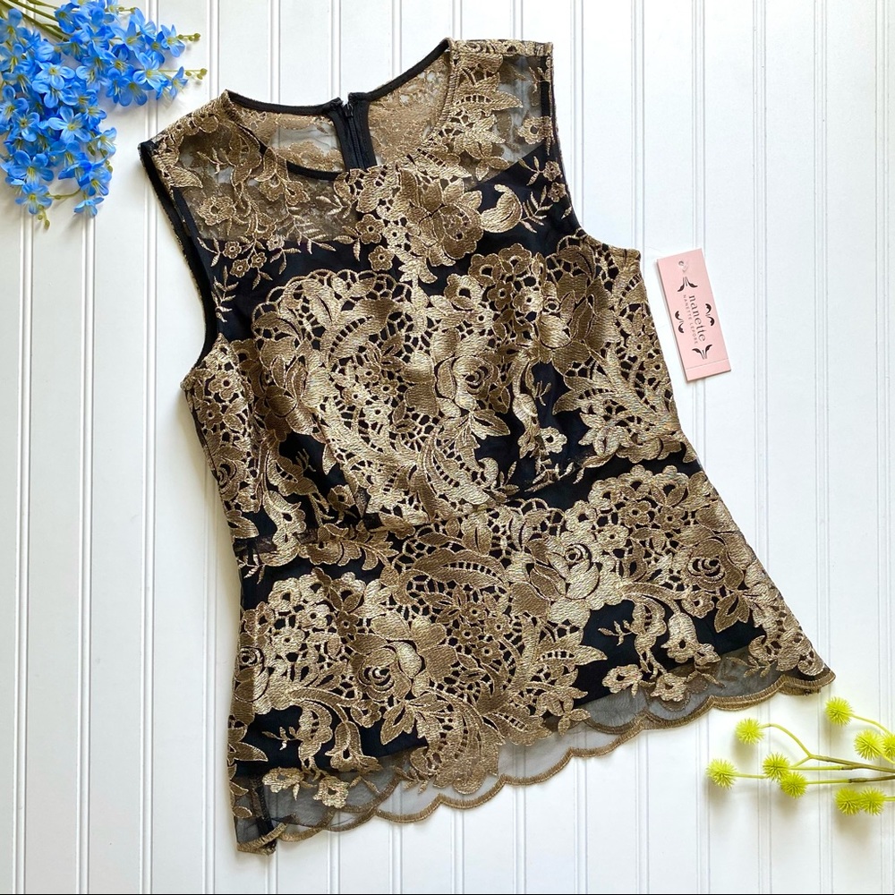 $109 Nanette Lepore Rich Romantics Gold Black Top